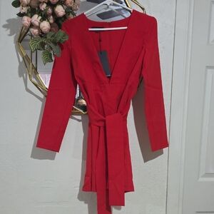 Vesper Red Wrap Belted Long Sleeve Mini Dress Size 8